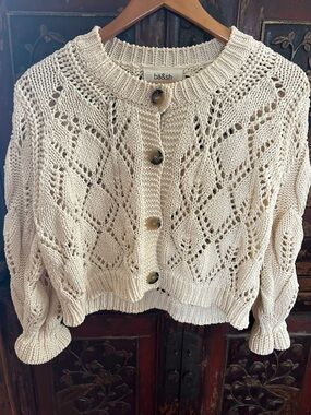 ba&sh Cream Cropped Open-Knit Button Front Cardigan